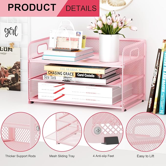 3 Tier Paper Letter Tray Organizer for Desk, Mesh File Folder Document Organizer with Handle for Home Office Supplies Desktop Accessories, Pink