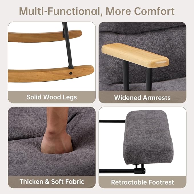 Rocking Chair with Footrest-Glider Rocker Chair with Retractable Footrest and Adjustable Backrest, Teddy Upholstered Rocking Chair Set of 2, Accent Chair for Living Room/Nursery/Bedroom/Outdoor-Grey