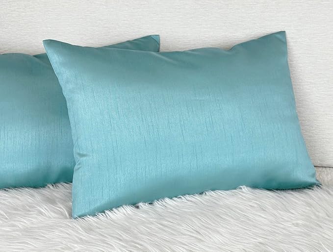 Aiking Home 12x18 Inches Faux Silk Rectangular Throw Pillow Cover, Zipper Closure, Aqua (Set of 2)