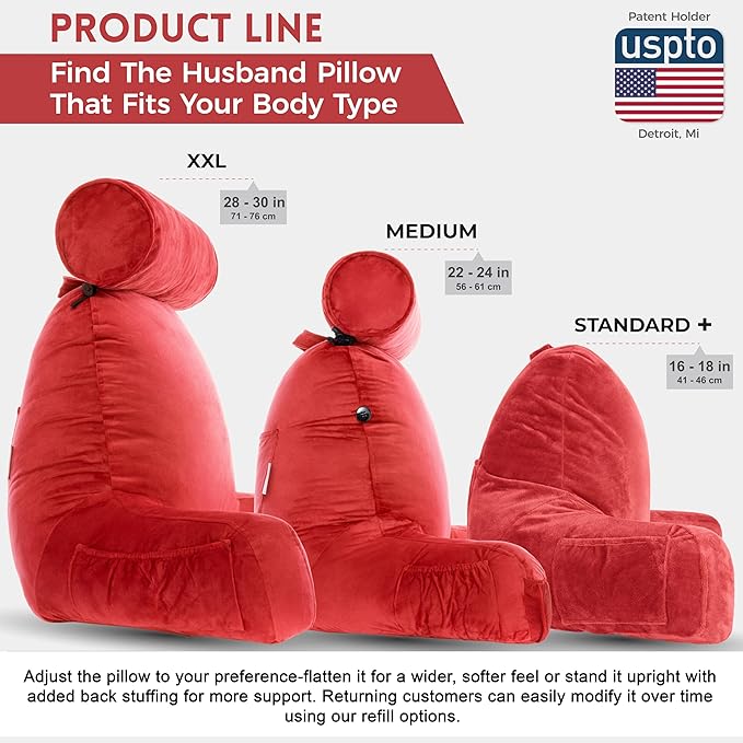 Husband Pillow Red, Original Reading Pillow in Bed Rest Chair, Shredded Memory Foam Large Lounge Cushion Adult Backrest with Arms, Comfy Back Support for Sit Sitting Up, Washable/Removable Cover