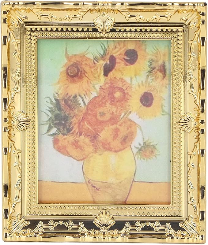 CHICIRIS Miniatures Art Painting, Gold Frame Miniatures Oil Painting Beautiful for Kids for Dollhouse Decoration (Sunflower Shape)