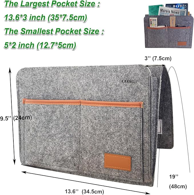 Bedside Caddy, Sofa Caddy, Storage Organizer Pocket for Dorm, Bedroom, 5 Pockets Felt Organizer for Magazine, Remote, Phone, Tablet, Pad, Glasses, Pen, Remote Control (Grey-Short)