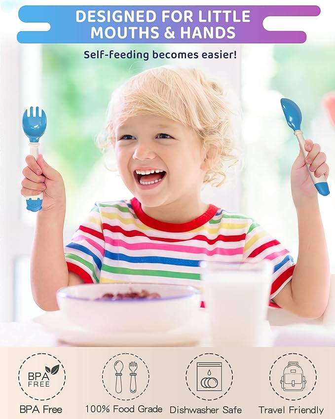 Deejoy Toddler Utensils, Self-feeding Flatware Set withTravel Case, Baby Spoons and Forks with Silicone Bendable Handle, Easy Grip Heat-Resistant, Ideal for Kids, Stage 2 (Blue)