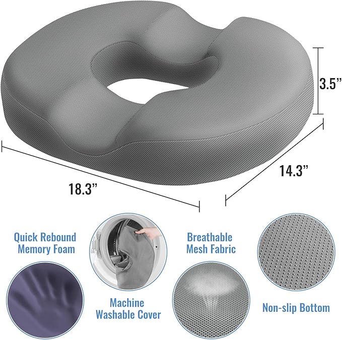 CloudBliss Donut Pillow Seat Cushion Chair Pad for Tailbone Pain Relief and Hemorrhoids, Memory Foam Seat Chair Cushion for Men and Women for Home & Office, (Light Grey-XL)