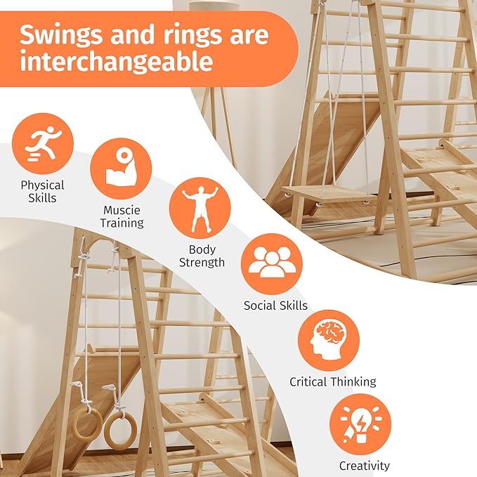 Indoor Jungle Gym, Montessori Climbing Toys, Toddler Indoor Playground Set 8-in-1 with Swing, Armband, Rock Climb Wall, Slide, Monkey Bar, Wood & Rope Ladder, Rope Wall Ladder for Kids 1-8yrs