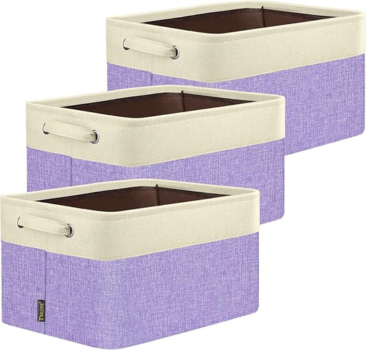 BALEINE 3 Pack Fabric Storage Bins for Shelves, Linen Storage Baskets for Organizing, Decorative Closet Bins for Clothes, Home (Lavender, 15''x11''x9.5'')