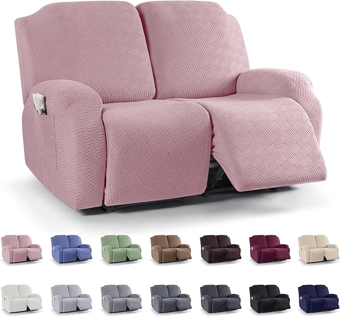 KinCam Recliner Covers, Stretch Reclining Chair Covers, Recliner Sofa Slipcovers Stripe Jacquard Recliner Couch Covers Furniture Protector Covers for Pet Kid (2 Seater, Pink)