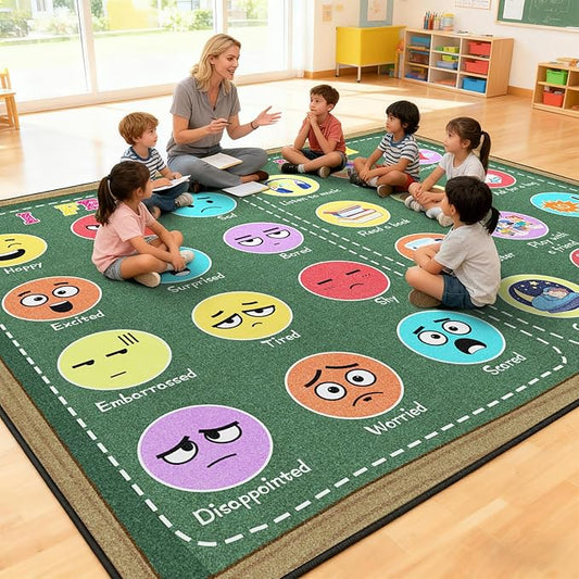 Large Classroom Rug Elementary 8x10ft for Playroom, Educational Smiley Face Kids Play Mat, Calming Corner Sensory Emotion Feelings Rug for Kidroom Nursery Bedroom, Non-Slip Washable(Green)