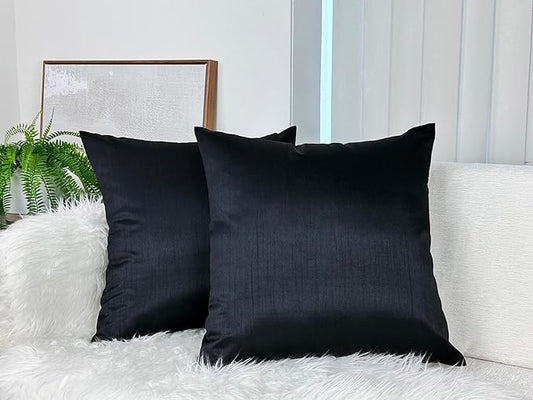 Aiking Home 18x18 Inches Faux Silk Square Throw Pillow Cover, Zipper Closure, Black (Set of 2)