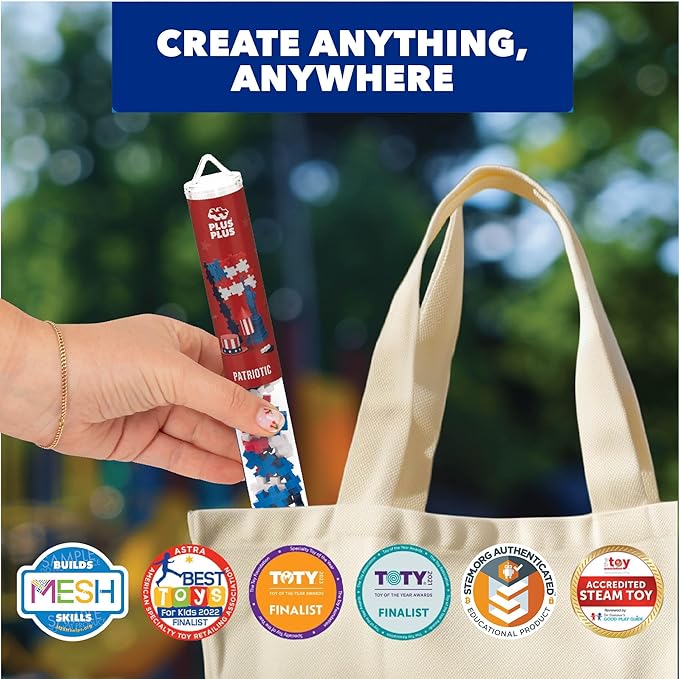 PLUS PLUS 3D Puzzle Building Block Set, 70 Mini Interlocking Pieces, Fun Holiday Activities for Kids - Patriotic Mini Maker Tube