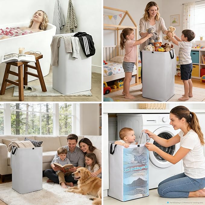 80L Large Laundry Hamper with Lid, Foldable Laundry Bag for Washing Machine with Removable Inner Bag, Dirty Hampers for Bedroom, Bathroom,Laundry Room, College (White)