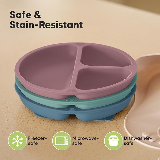KeaBabies Suction Plates for Baby, Toddler - 3-Pack 100% Silicone Toddler Plates, Divided Baby Plates with Suction, Silicone Plates for Baby, Kids, BPA-Free, Microwave, Dishwasher Safe (Quantum)