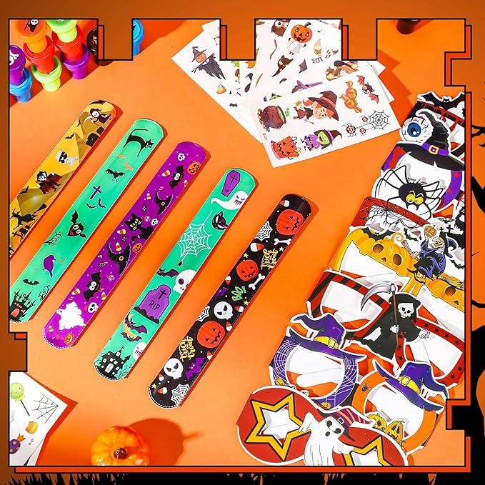 Jenaai 50 Pcs Halloween Piñatas Party Favors Include Large Piñatas with Blindfold Slap Bracelets Paper Eyeglasses Glow in the Dark Stickers and Stamper Halloween Party Supplies(Pumpkin)