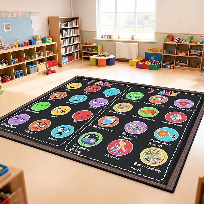 Classroom Rug Elementary 5x7ft for Playroom, Educational Smiley Face Kids Play Mat, Calming Corner Sensory Emotion Feelings Rug for Kidroom Nursery Bedroom, Non-Slip Washable(Black)