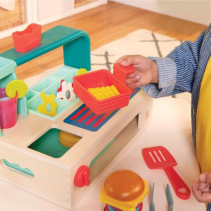 B. toys- Mini Chef - Build-a-Burger Playset- Pretend Play Wooden Burger Play Set – Play Food & Role-Play Accessories – Cooking Toys for Kids- 3 Years +