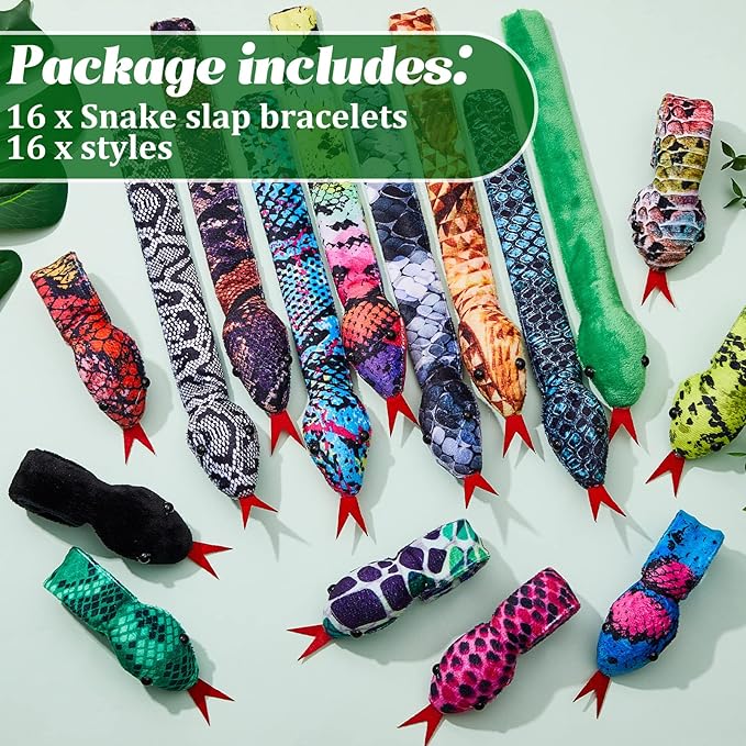 Chivao 16 Pcs Snake Slap Bracelets Reptile Snap Bracelets Fuzzy Animal Snake Bracelet Stuffed Snap Bands Slap Snakes for Birthday Party Favors(Snake Style)