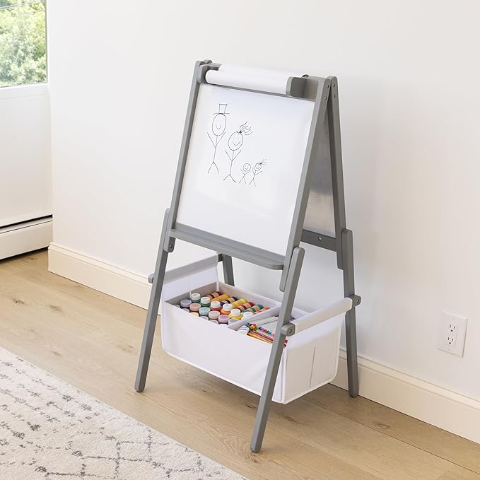 Humble Crew Inspire Kids Chalkboard and Dry Erase Easel with Storage Bins, 1 Paper Roll, 2pc Chalk, and Eraser, Grey