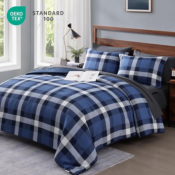 MaiRêve Twin XL Plaid Comforter Set Indigo Blue, Classic Checkered 5 Pieces Bedding Set for Boys Girls Teen, All Season Lightweight Bed in A Bag with Sheets, Pillowcases & Shams