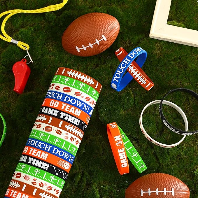 JUNEBRUSHS 42pcs Football Party Favors Silicone Bracelets Rubber Wristbands Accessories for Football Sport Themed Birthday Party Decorations Adults Stuffers Filler Gift Supplies(6 Designs)