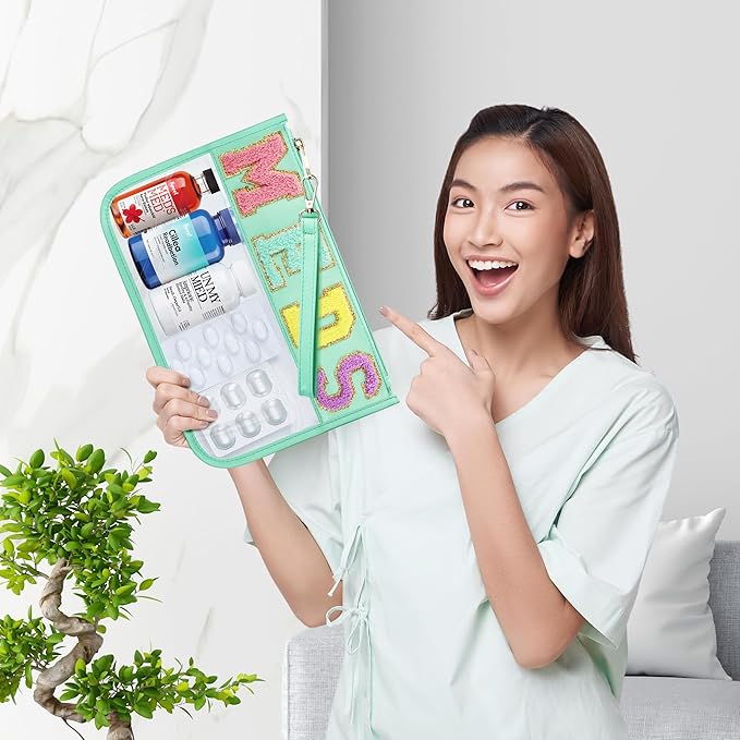 BuyCard Chenille Letter Clear Medicine Bags, Makeup Meds Bags, Preppy Patch Cosmetic Bag with Zipper and Wristlet, Waterproof PU&PVC Toiletry Medicine Storage Case, Portable Travel Drugs Pills Pouch