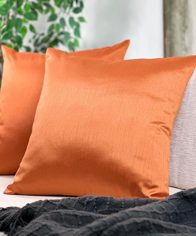 Aiking Home 18x18 Inches Faux Silk Square Throw Pillow Cover, Zipper Closure, Orange (Set of 2)