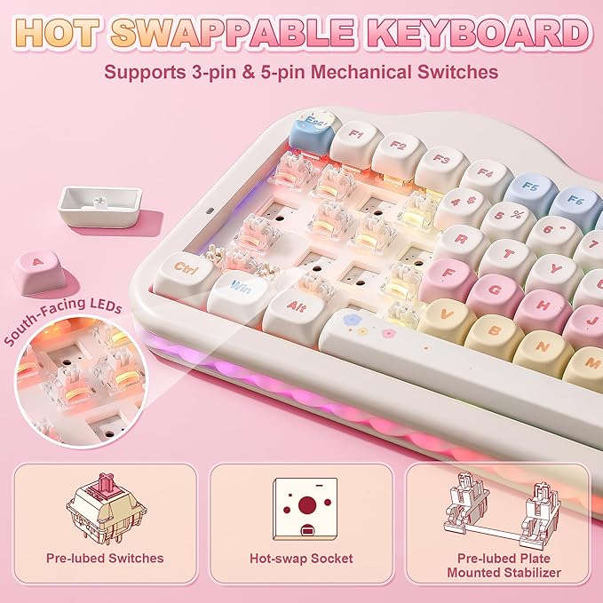 YUNZII C75 Wireless Mechanical Keyboard,75% Layout, Hot-Swappable NKRO,BT5.0/2.4G/USB-C Mode,Dye-Sub PBT MOA Keycaps,RGB Gasket Mount,Cute Cake Design for Mac/Win/Gaming (Beige, Milk V2 Switch)
