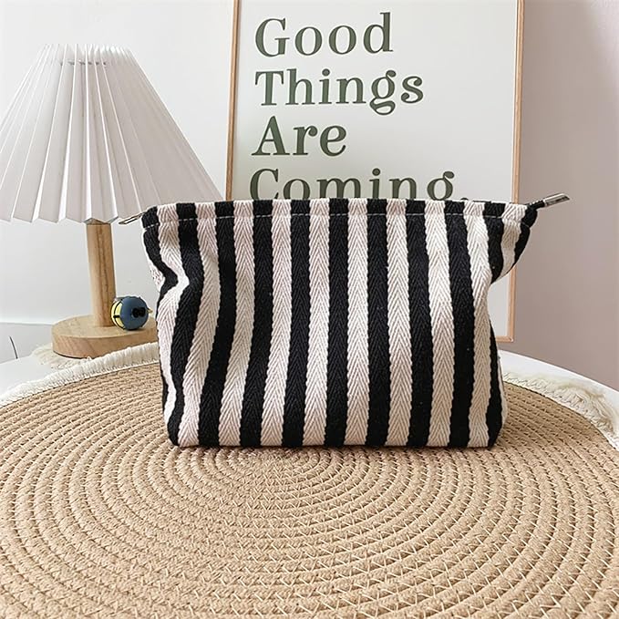 HAPPYHEIDI Large Stripe Makeup Bag Cosmetic Toiletry Travel Pouch, Purse Organizer, Canvas Lined, Black White, Large