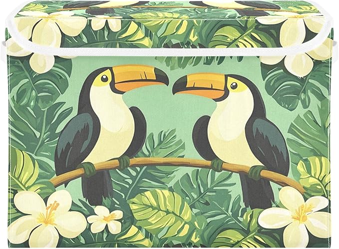 Large Storage Bins with Linen Collapsible Foldable Storage Cubes Fabric Closet Organizer Containers box Flip-Top Lid for Home Bedroom Office 16.7 x 12.6 x 11.8in (Bird Flower Leaves Green Pattern)