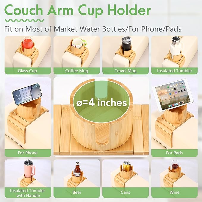 SINWANT Couch Cup Holder, Bamboo Couch Drink Holder for Large Coffee Mug,Non-Slip 360° Rotation 2 in 1 Sofa Cup Holder & Phone Stand, Clip on Sofa RV Car Armrest for Water Bottles,Cans,Wine