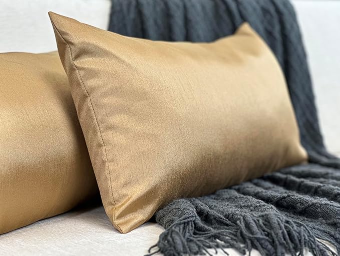 Aiking Home Collection 12x24 Inches Faux Silk Rectangular Throw Pillow Cover, Zipper Closure, Brass (Set of 2)