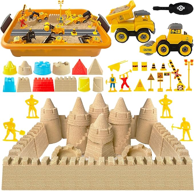 34 PCS Play Sand Construction Sensory Bin Set,2.2 lbs Magical Sand,2 Take Apart 6 Undetachable Construction Trucks Toys,Castle Molds,Road Signs,Sensory Sandbox with Lid for Kids Boys Girls Aged 3+