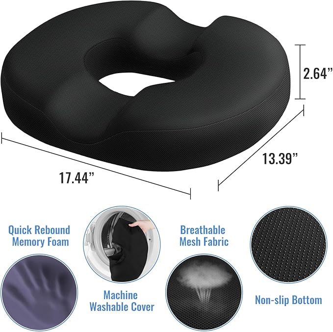 Donut Pillow Seat Cushion Chair Pad for Tailbone Pain Relief and Hemorrhoids, Memory Foam Seat Chair Cushion for Postpartum Pregnancy, Seat Cushions for Men and Women for Home & Office, (Black)