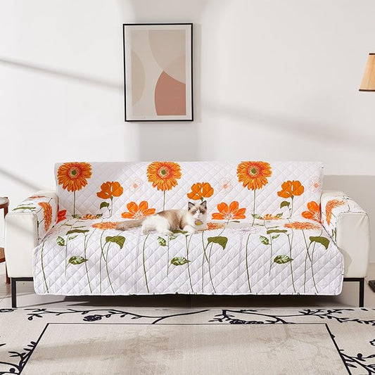 EVENHUG Sofa Cover for 3 Cushion Couch Sunflower Sofa Slipcover Washable 3 seat Couch Cover Furniture Protector Cover with Elastic Straps for Pets Kids Dog Cat (Sofa,Orange)