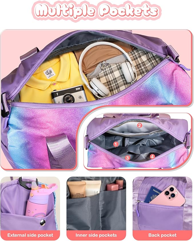 Cute Bags for Girls-Girl Gym Bag with Shoe Compartment, Kid Personalized Weekender Overnight Bags, Initial Travel Tote with Makeup Pouch, Gift for 3 4 5 6 7 Year Old Kids (Letter T)