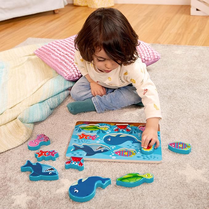 B. toys- Peek & Explore 3-Pack - Farm, Sea, Dinos- Chunky Puzzle 3-Pack – Wooden Puzzles- 8 Pieces Each – 2 Years +