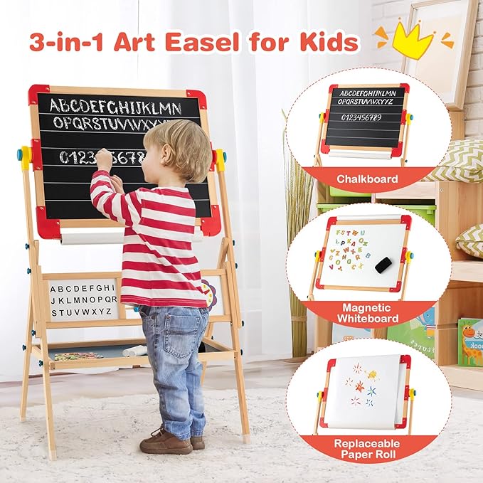 Costzon 3 in 1 Kids Art Easel, 360°Rotating Double-Sided Wood Easel w/Magnetic Whiteboard, Chalkboard & Paper Roll, Large Storage Tray, Alphabet Abacus, Standing Drawing Board for Toddlers Boys Girls