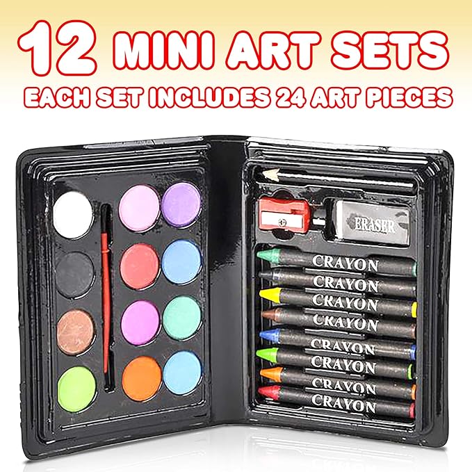 ArtCreativity Mini Art Sets for Kids- Pack of 12-23-Piece Kits with Watercolors, Crayons, Paint Brush and More- Fun Art Supplies, Party Favors for Girls and Boys, Goody Bag Fillers, Carnival Prize