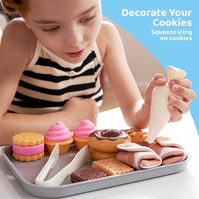 Cookie Play Food Set, Toddler Pretend Toys, 17 PCS Kitchen Toy Food Sets with Plastic Cookies, Baking Menu, Bakery Tray, and Play Money for Boys and Girls, Birthday Gift for Kids