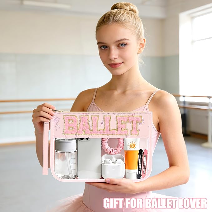 BuyCard Ballet Gifts Cosmetic Makeup Bag with Chenille Letter Patch, Clear Pouch PVC Organizer Purse, Waterproof Travel Bag, Portable Toiletry Storage Bag for Her Girls Friends Women