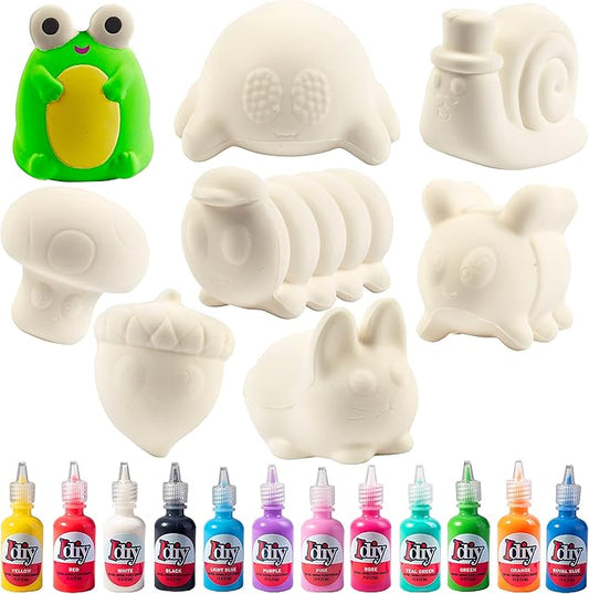 Idiy Party Craft Kit Jumbo Cute Critters Squishies (8 Garden Figures w 12 Fabric Paints)-White Kawaii Slow Rising Squishy Toys, Scented Stress Relief, Kids School, Birthday Activity Gift (4"-6")