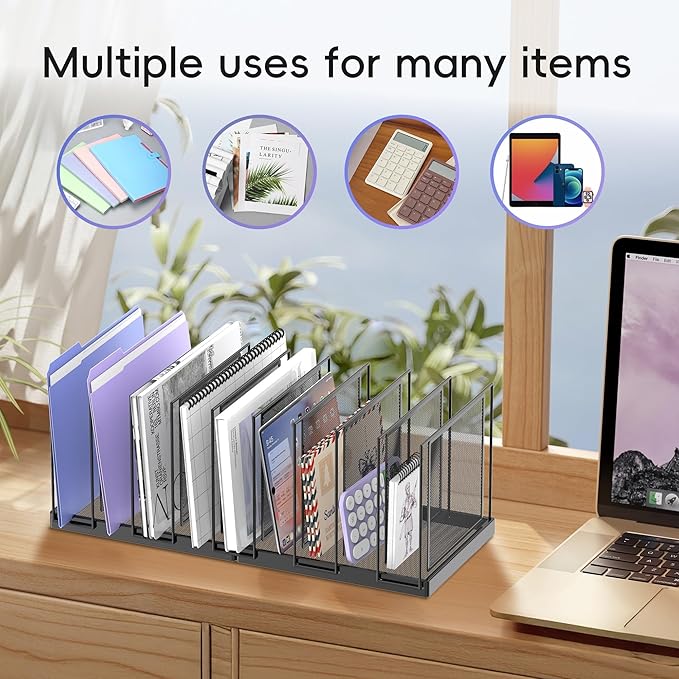 9-Section Desk File Organizer, Vertical File Holder, Mesh Desktop File Folder Metal File Binder Organizer Stand for Office Home Classroom, Black