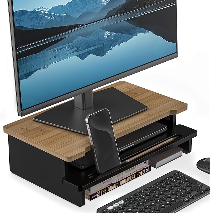 WELL WENG Monitor Stand Monitor Stand Riser for Desk,Wood Desk Shelf Storage Organizer with Phone Tablet Holder (16.5 Inch, Black & Dark Bamboo)