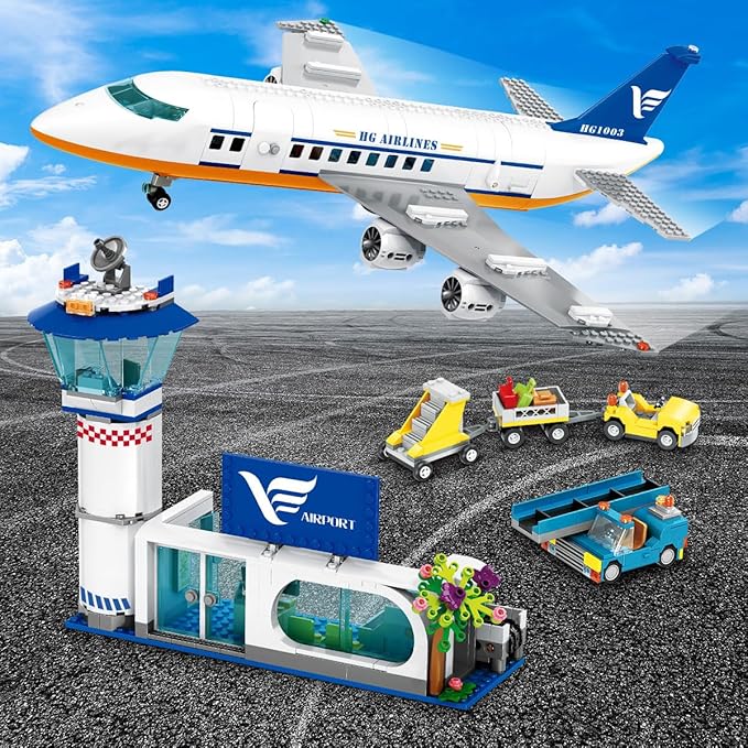 Large City Passenger Airplane Building Toys with LED Light, 21 Inches Plane Building Sets with 2PCS Luggage Trucks, Terminal, Radar Tower, Birthday Gifts for Kids Boys Girls Age 6-12 (901pcs)