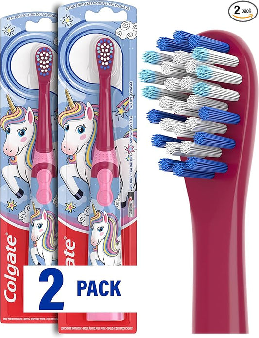 Colgate Kids Battery Powered Toothbrush, Unicorn, Extra Soft Toothbrush, Ages 3 and Up, 2 Pack