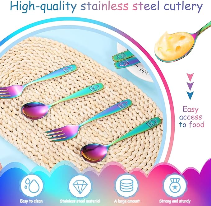 Pimoys 6 Pieces Toddler Utensils Kids Rainbow Silverware Stainless Steel Toddler Forks and Spoons Set, Metal Childrens Safe Flatware Child Cutlery Set, Dishwasher Safe
