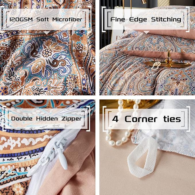 OranFran Gold Duvet Cover Set,5 PCS Medallion Paisley Print Comforter Cover Set,Bohemian Pattern Bedding Set,Vintage Style Flower Duvet Cover,Soft Reversible Design(Paisley,King/California King)