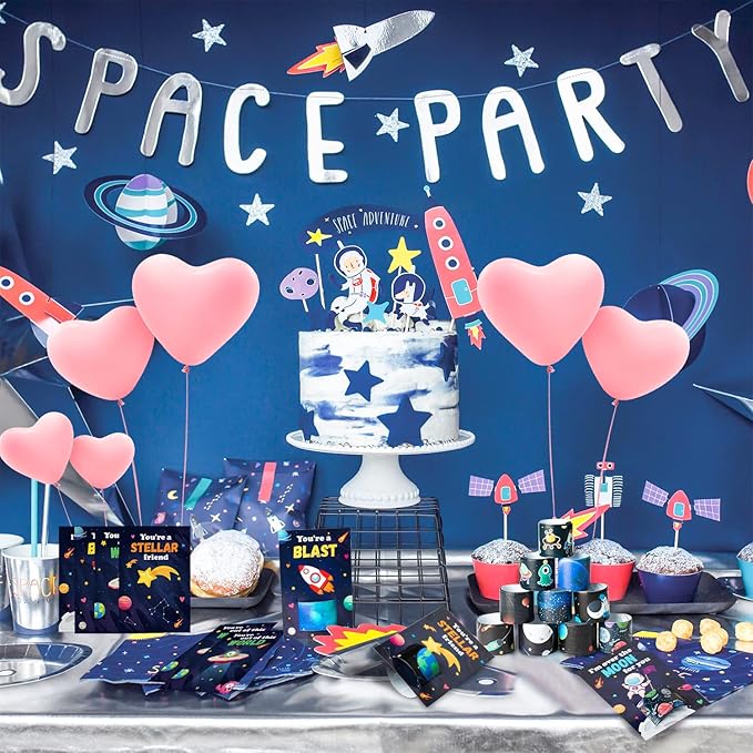 ANGOLIO 28Pcs Outer Space Theme Slap Bracelets with 28Pcs Valentine's Day Greeting Cards, Astronauts Planets Solar System Party Decoration Supplies Valentine Classroom Exchange Gift for Kids