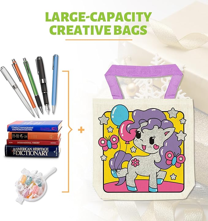 6 Pieces Kids Coloring Goodie Bags, Reusable Canvas Bag, Cute Art Party Favors, Color Your Own Bags for DIY Painting Birthday Carnival Celebration, Party Supplies Gift, Girls