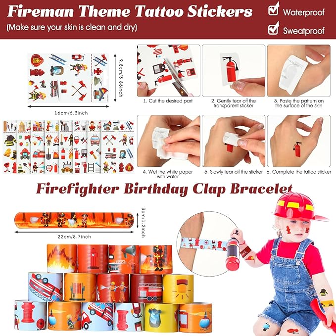 HyDren 171 Pcs Firefighter Party Favors Included Gift Cup Straw Keychain Slap Bracelet Mini Truck Sticker Stamper Card Tattoo Sticker Shovel Sticker Tag Cable Tie For Birthday Gift Prize