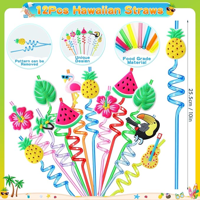 122Pcs Hawaiian Party Favors Summer Pool Beach Birthday Party Supplies Straw Stamp Bracelet Tattoo Sticker Keychain Pinata Goodie Bag Toy Gift Prize Filler Stuffer Kids Tropical Luau Party Supplies